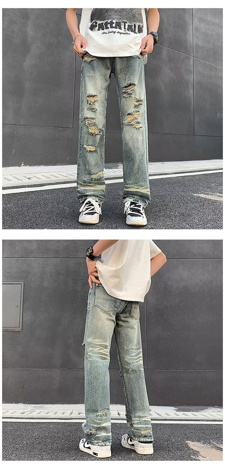 boy Ripped Jeans For Men, Trendy Brand, European And American Street Style Pants, Vintage High Street, Distressed Washed_viptrois.com