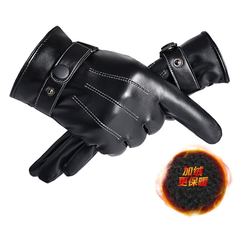 Guantes térmicos de tres líneas para hombres de invierno ciclismo forrado de lana guantes de pantalla táctil motocicleta engrosada guantes de cuero de invierno a prueba de viento