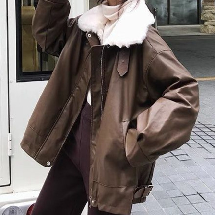 Women's Leather Jacket with Velvet and Thickening for Autumn and Winter New Fur Integrated New Loose Casual Motorcycle Jacket New Product
