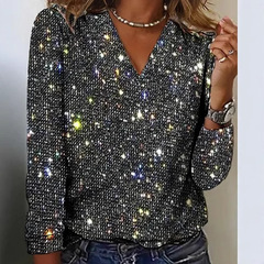 2024アマゾン速売通wishクロスボーダー欧米女性春秋ゆるいデジタルプリント丸首長袖tシャツ女性