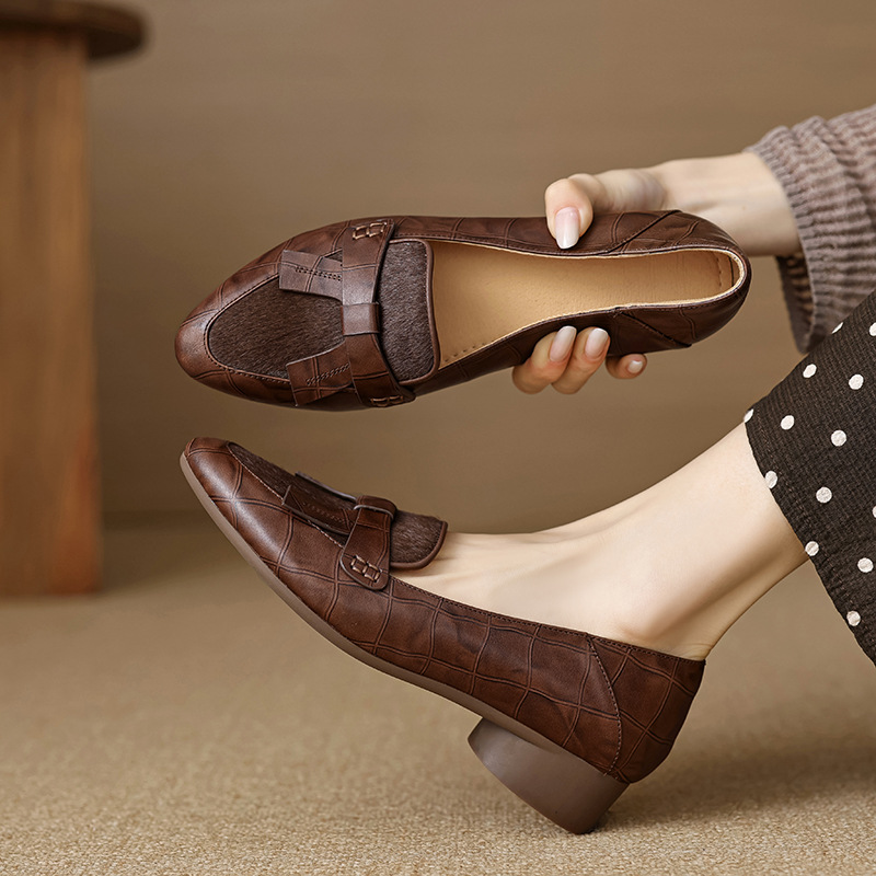 2024春秋新款复古真皮拼接马毛蝴蝶结中跟单鞋女真皮乐福鞋奶奶鞋