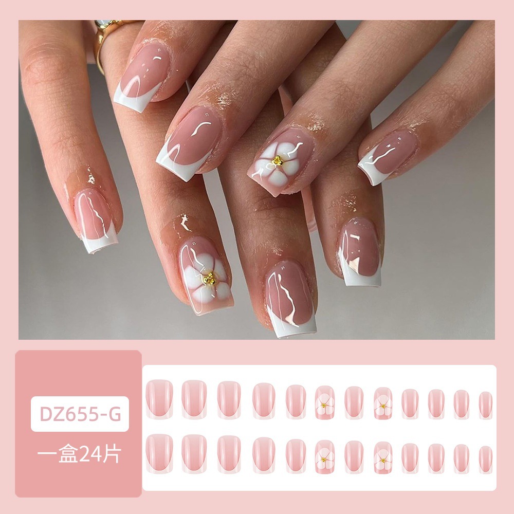Parches de uñas estilo francés, uñas postizas con adornos de diamantes de imitación, uñas postizas de 24 piezas para la temporada de primavera.