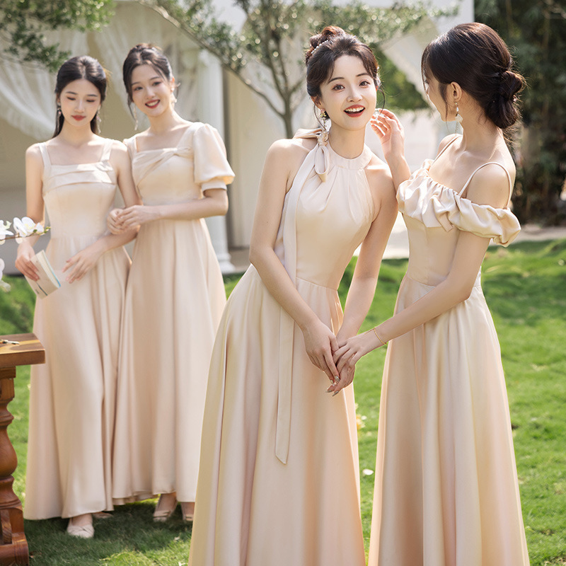 Champagne-Colored Bridesmaid Dresses 2026 New Spring/Summer Satin High-End Niche Sister Group Evening Gowns That Can Be Worn Casually Champagne-Colored Bridesmaid Dresses 2026 New Spring/Summer Satin High-End Niche Sister Group Evening Gowns That Can Be Worn Casually