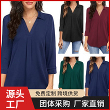 2024跨境亚马逊新款欧美气质雪纺女装扣子宽松V领七分袖衬衫上衣