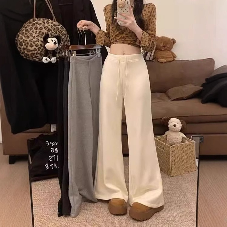 Casual Drawstring Pants with a Slight Flare, Women's Autumn and Winter Fleece-Lined Solid Color High-Waisted Drapey Floor-Length Pants