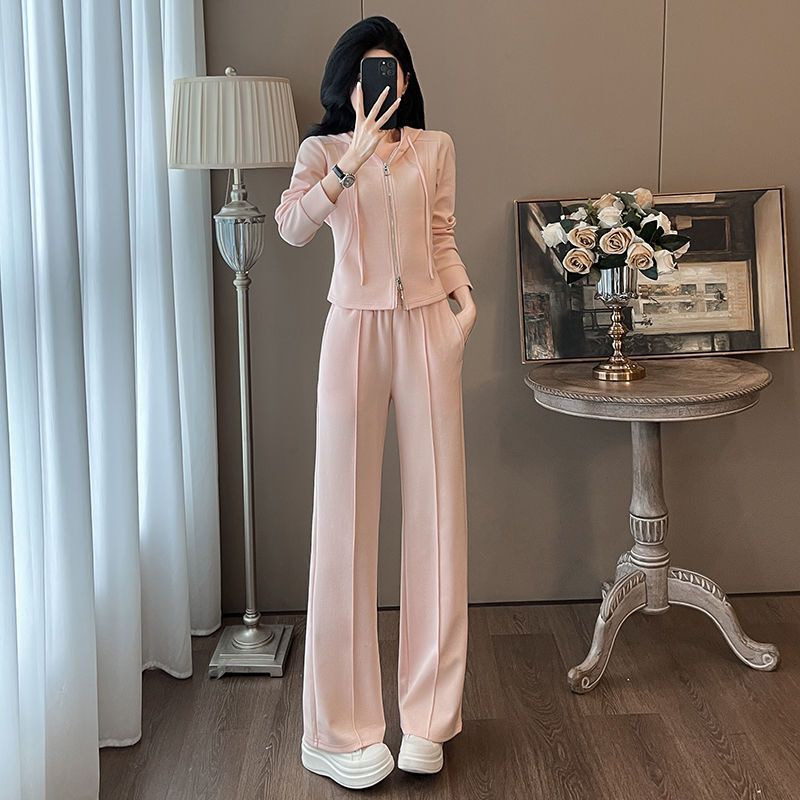 European Dopamine Fashion Sweatshirt for Women, Autumn New Stylish Age-Reducing Hooded Cardigan Paired with Wide-Leg Pants Two-Piece Set