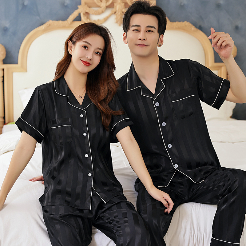 Cool Style Wide Couple Pajamas Women's Summer Sexy Imitation Silk Home Clothes Men's Short-sleeved plus size Ice Silk suit