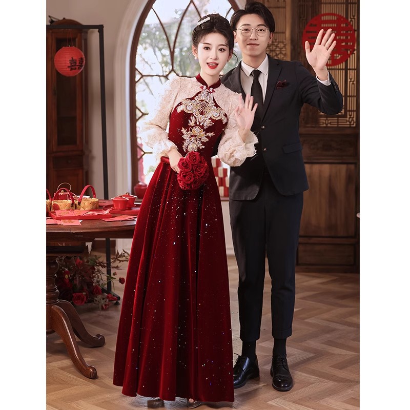 Chinese-Style Cheongsam Toast Dress, Classy New Style Bride Wedding Dress, Elegant and High-End Spring and Autumn Red Wedding Dress, Engagement Dress