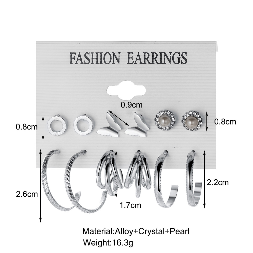 Simple Letter C-shaped Snake-shaped Rhinestone-studded Earrings Set 6 Pairs display picture 3