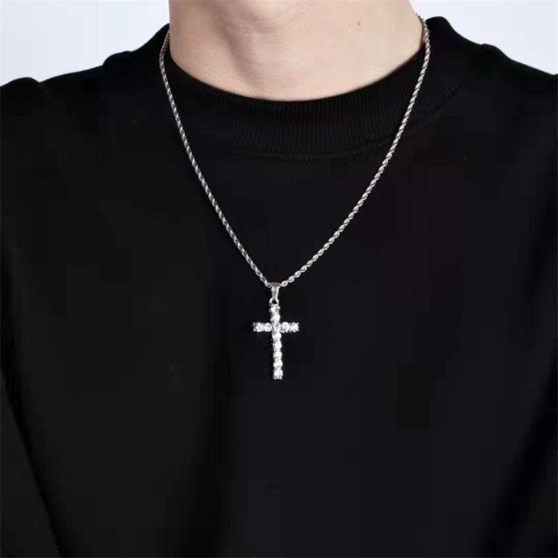 Unisex Gender 925 Sterling Silver Zircon Cable Chain Inlay Cross Pendant Necklace