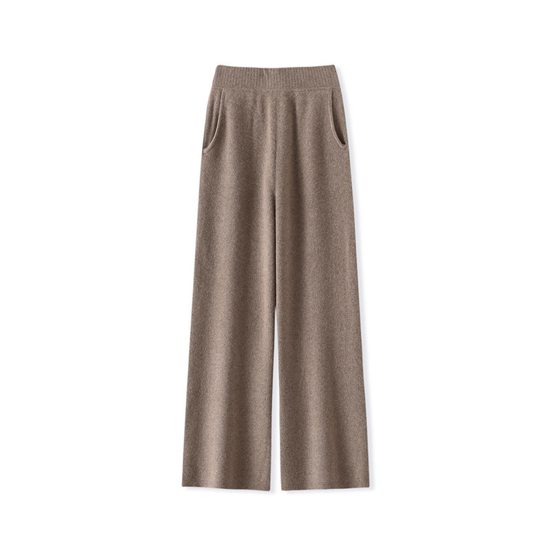 Thickened 100% Pure Wool Knit Pants for Women, Autumn and Winter High-Density Straight Wide-Leg Pants with Pockets, Drapey Floor-Length Pants