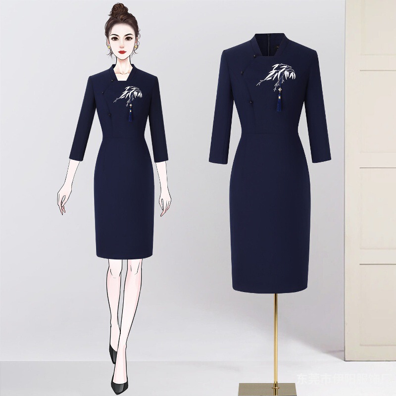 New Chinese-style national-style dress for women, professional attire, embroidered Chinese-style cheongsam, jewelry store receptionist uniform, tea house workwear