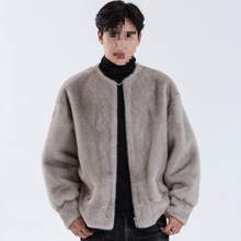水貂毛外套男冬季加绒皮毛一体绒外套皮草棉服无领感短款大衣