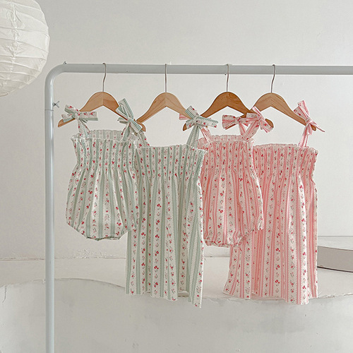 Floral Print Girls' Summer Dress Sister Set Korean Style Butterfly Strap Princess Dress Baby Girl Bodysuit T-shirt
