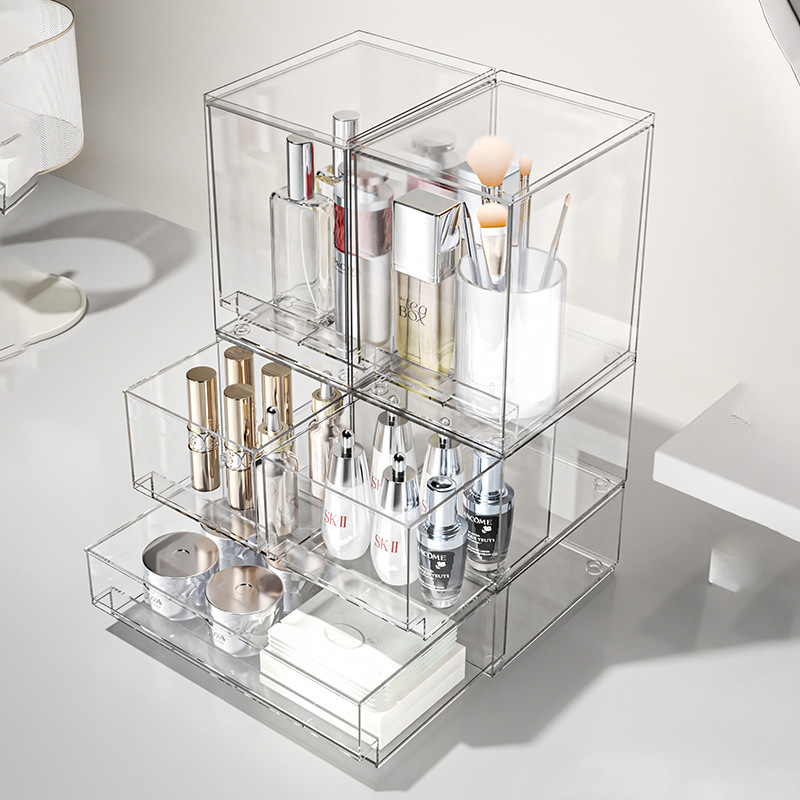 Caja de almacenamiento de cosméticos de escritorio transparente a prueba de polvo de gran capacidad tipo cajón de tocador de máscara facial caja de acabado