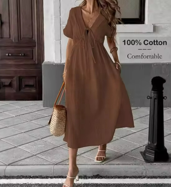 Elegant V-Neck Flowy Midi Dress - Soft Cotton Summer Dress For Women, Comfortable Loose Fit Casual & Office Wear (Available In 8 Colors)_ecoleips.com