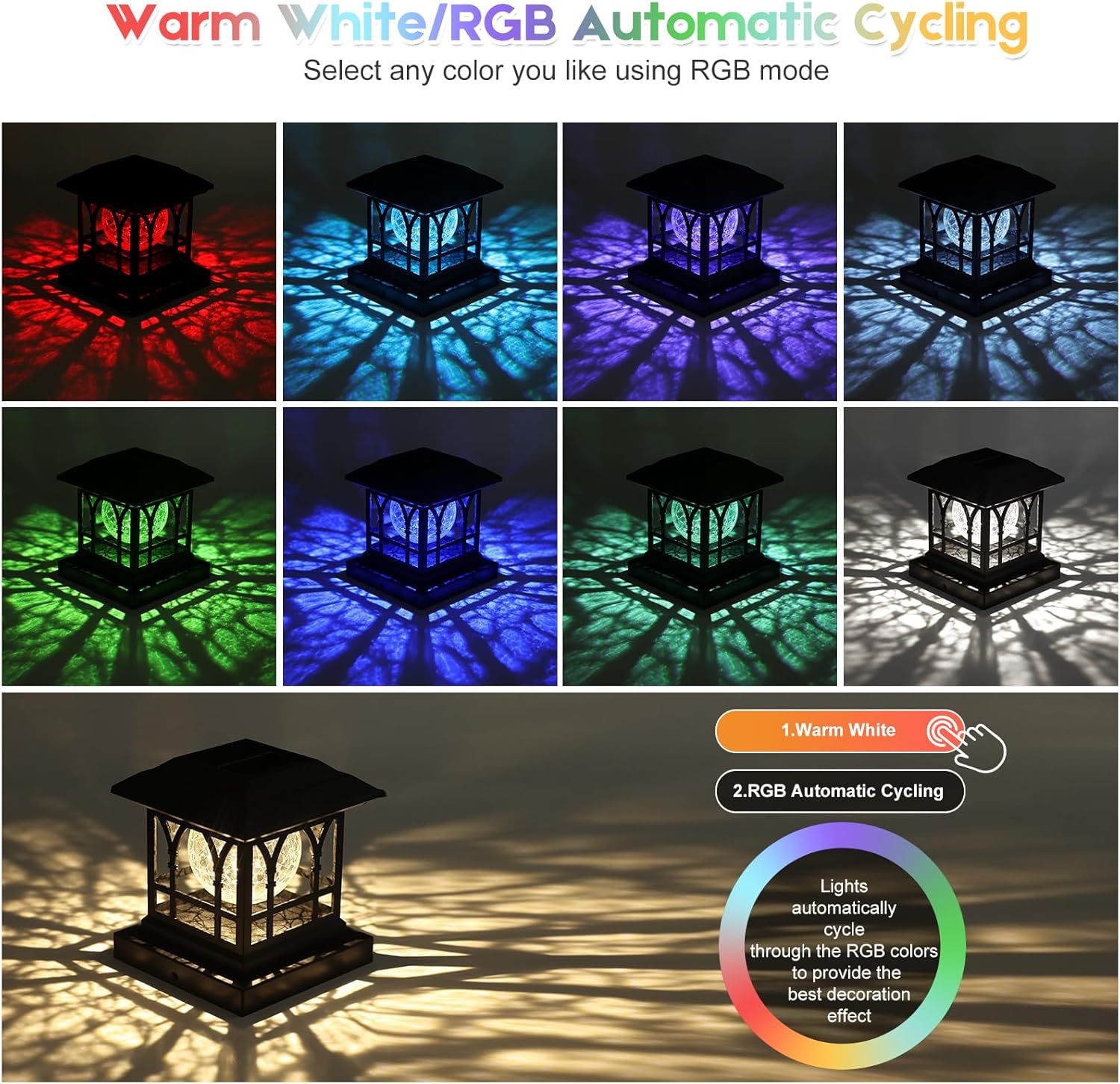 핫 세일 - 블랙 - 듀얼 모드 - 컬러 라이트 + 따뜻한 라이트 - 크랙 유리 전구 포스트 램프