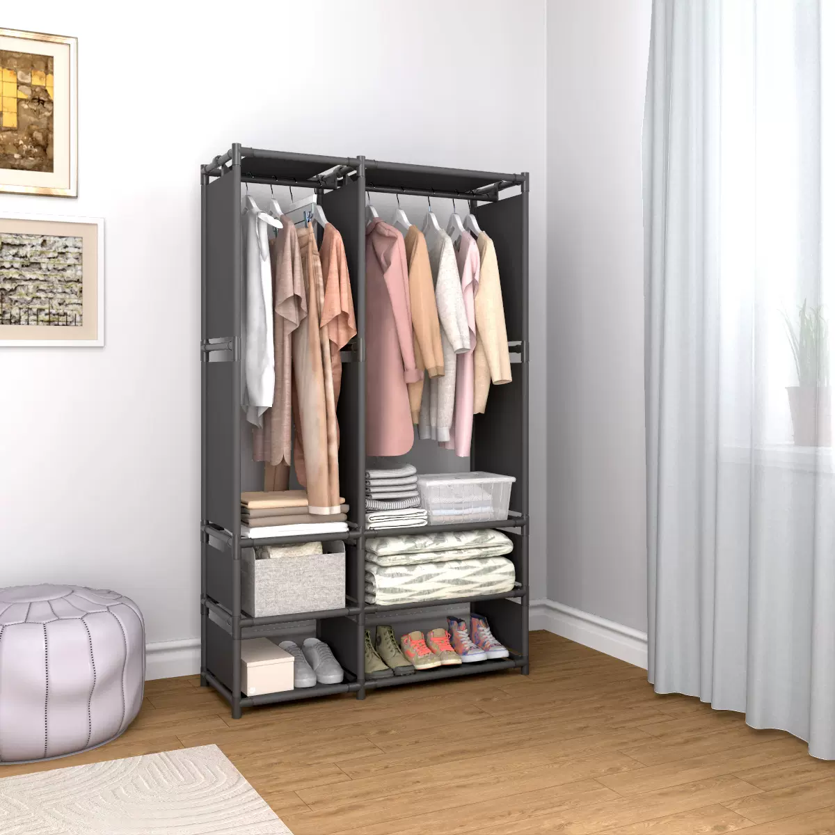 跨境希音TEMU简易款多功能鞋防尘衣柜收纳衣帽架鞋柜收纳柜挂衣架