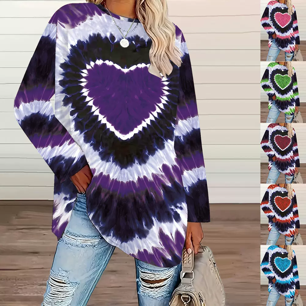 欧美大码女装亚马逊秋冬款休闲度假心形印花上衣 优雅圆领长袖T恤
