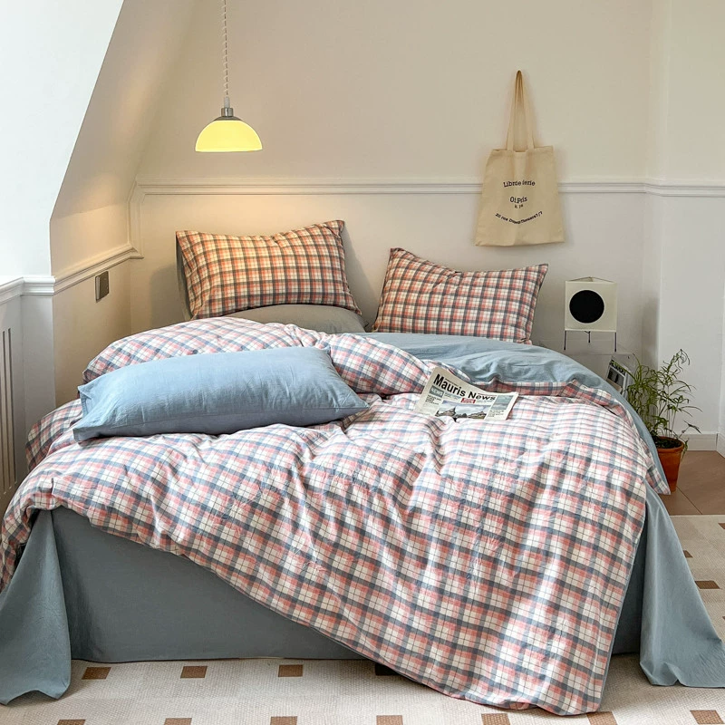 Хлопчатобумажная пряжа без принта, окрашенный промытый хлопок, комплект из четырех предметов, чистый хлопок, хороший клетчатый пододеяльник, простыня, общежитие, студенческий комплект из трех предметов