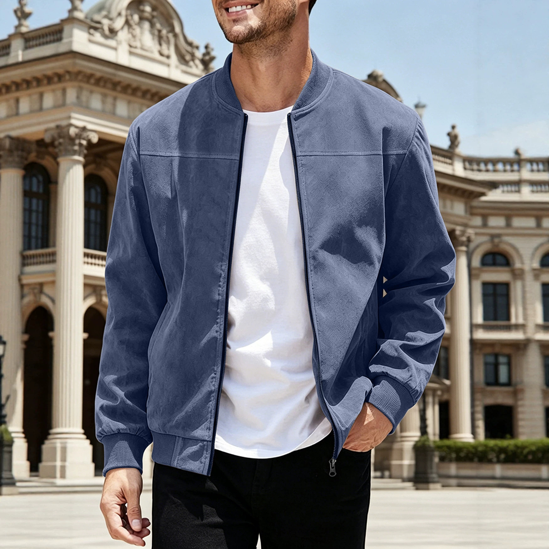 Chaqueta de aviador de gamuza para hombre, estilo europeo y americano, para otoño, color sólido, con cremallera, estilo retro americano, de manga larga.
