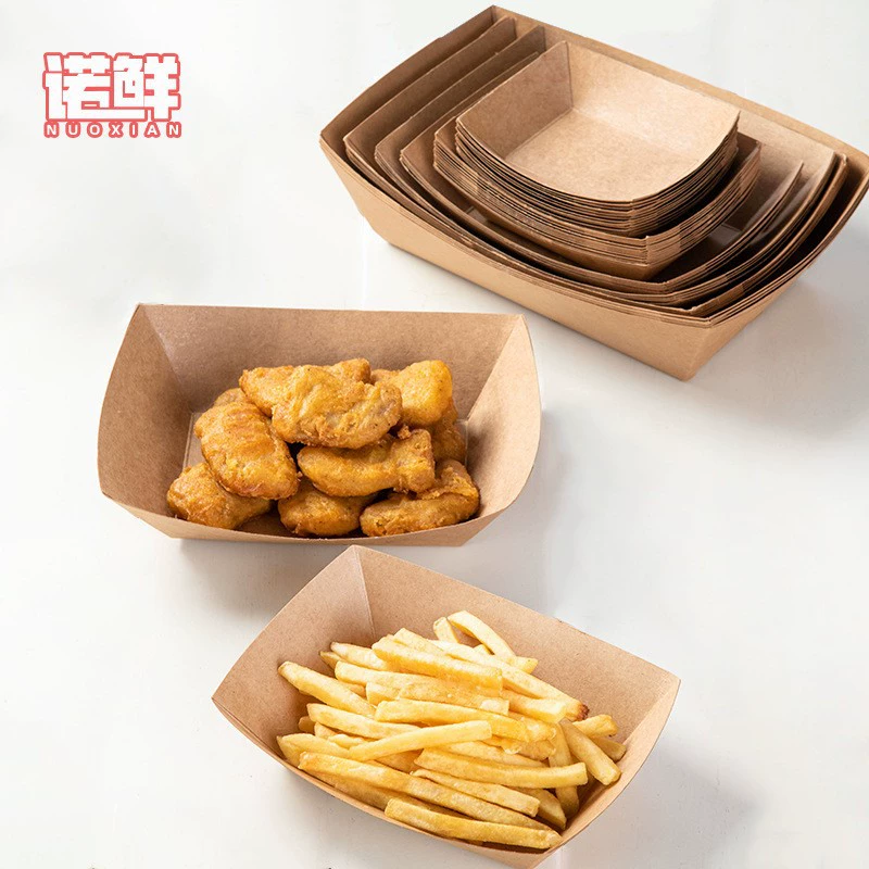 Открытая коробка из крафт-бумаги Одноразовая коробка для чипсов Крылья на гриле Коробка для жареных куриных самородков Коробка для куриных цветов Длинная Снежинка Хрустящая лодочная коробка