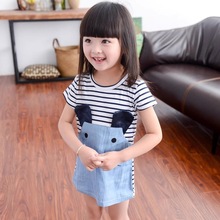 2025跨境新款韩版条纹牛仔拼接连衣裙条纹米老鼠女童连衣裙公主裙