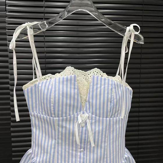 Pure Desire Lace Stitching Blue Striped Sling dress Women's Summer Spice Girl Elegant Tight Waist A- Line Shirt Short Skirt