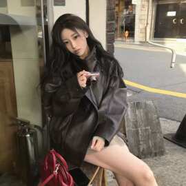 INS博主款法式复古气质帅气炸街宽松百搭立领PU皮衣重工机车服