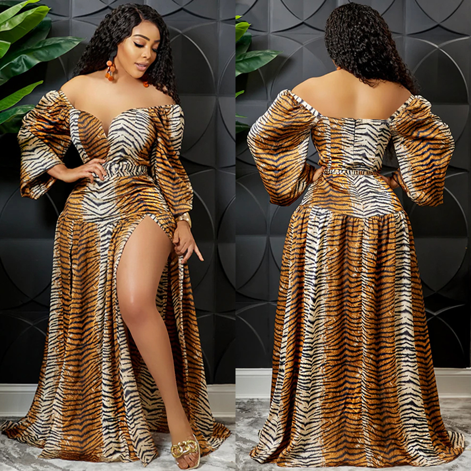 X5889 transfronteriza AliExpress Amazon impreso con cuello en V envuelto en el pecho largo ancho manga irregular split gran swing falda vestido image 2