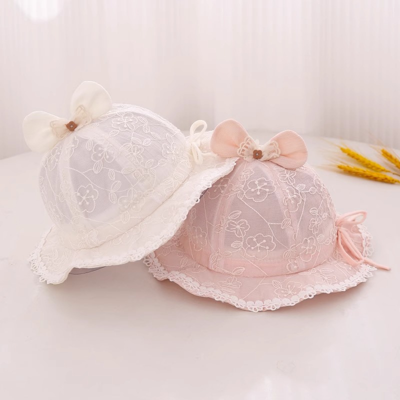 Sombrero para bebés primavera y otoño delgado sombrero de verano sombrero de sol princesa sombrero de mes pequeño sombrero de pescador sombrero de encaje transpirable