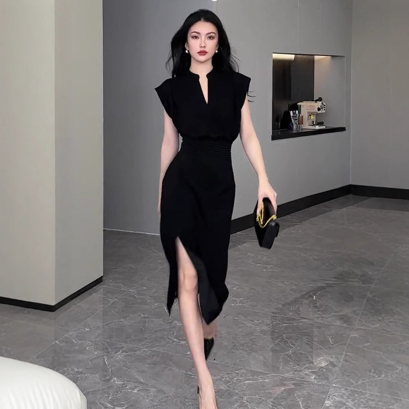 FL231416 Summer New Black dress Women's Wide Wife Skirt Royal Sister Light Style High Heels