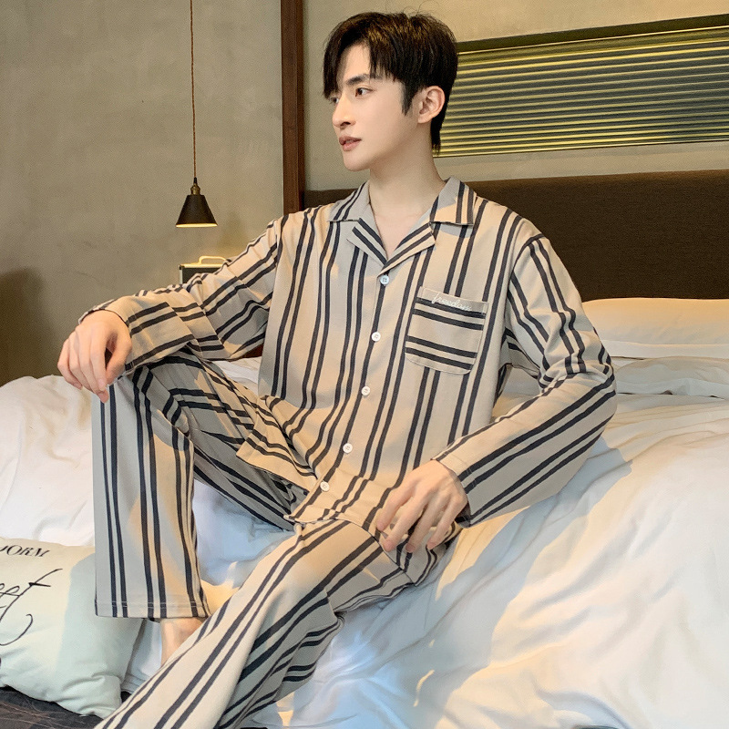 Pijamas de hombre cuidadosamente seleccionados, primavera y otoño, algodón puro, manga larga, nuevo estilo suelto, talla grande, los jóvenes pueden usar ropa de hogar