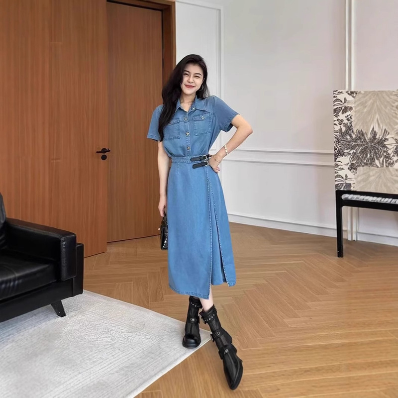 2026 Summer New Plus-Size Zhang Axing Denim Traveler Hong Kong-Style Retro One-Piece Waist-Cinching Slimming Dress