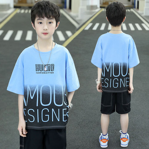 Children's Boys Set Summer  New Middle and Large Children's Boys Summer Outfit Korean Version Stylish Short Sleeve Trendy Clothes