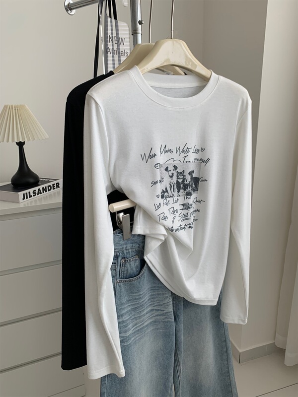 Korean-style retro cartoon puppy print long-sleeve T-shirt for women, autumn elastic soft and comfortable skin-friendly round-neck base shirt