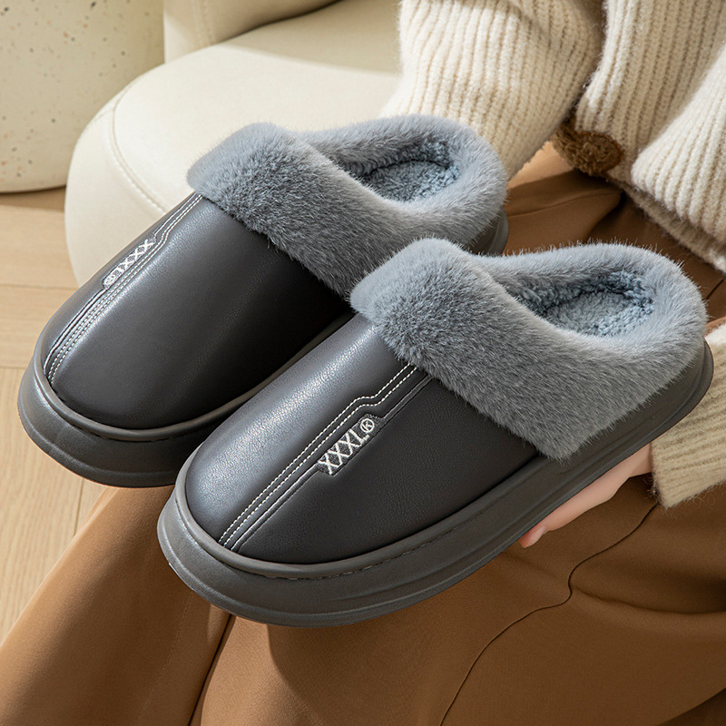 Winter Extra Large Size Cotton Slippers Men's Pu Leather Slippers Waterproof Thick-Soled Home Indoor Non-Slip Warm Shoes 47 48 49