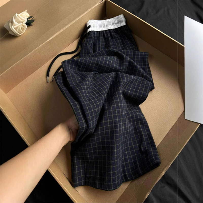 American Style Retro navy blue Plaid Casual Pants Women's Spring Thin 2025 New Loose Dosing Straight Leg Wide Leg Pants American Style Retro navy blue Plaid Casual Pants Women's Spring Thin 2025 New Loose Dosing Straight Leg Wide Leg Pants