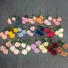 Simulated 3-head roses, single-branch corner roses, fake flowers, wedding hall flower arrangements, home scenery decoration flowers, floral ornaments