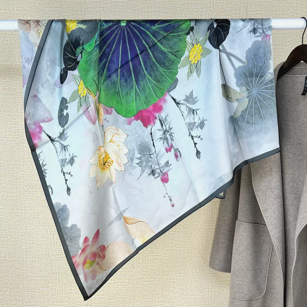 国潮中国风山水画荷花百搭100桑蚕丝方巾薄款披肩女真丝围巾丝巾
