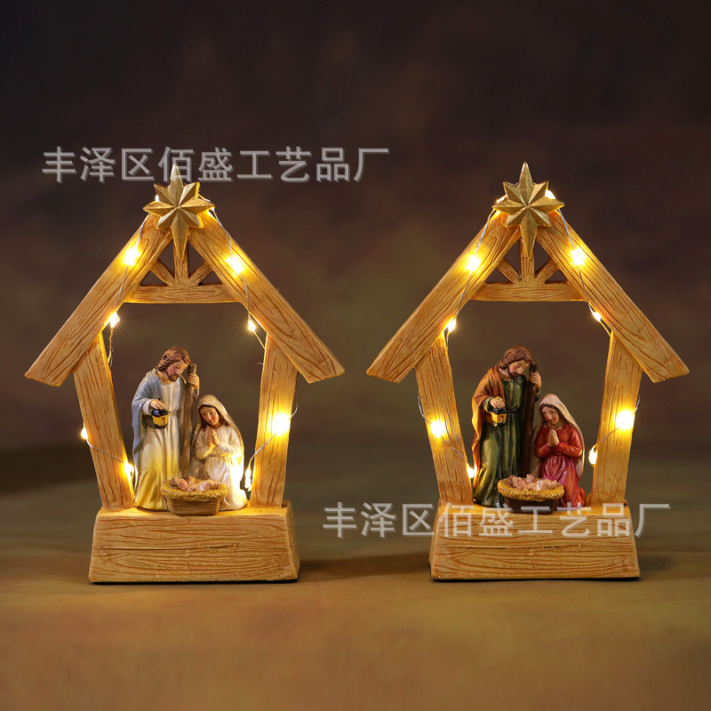 Resina transfronteriza luz LED escena de nacimiento ornamentación del pesebre Santa María José figura regalos de Navidad