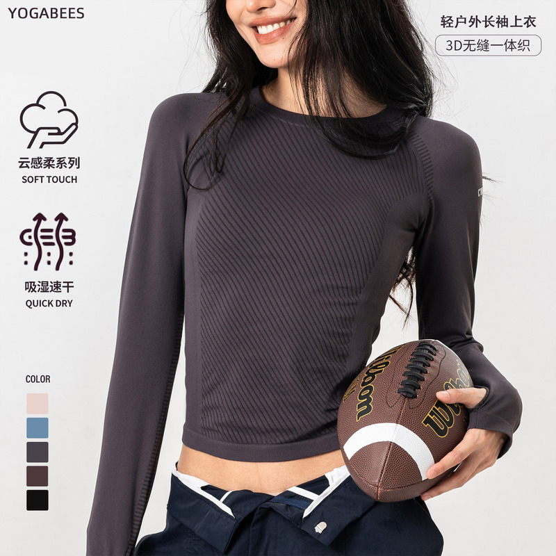Seamless Round Neck Autumn and Winter Sports Tops for Women, Quick-Drying Outdoor Slim Sports Long-Sleeved Yoga Wear Fitness T-Shirts