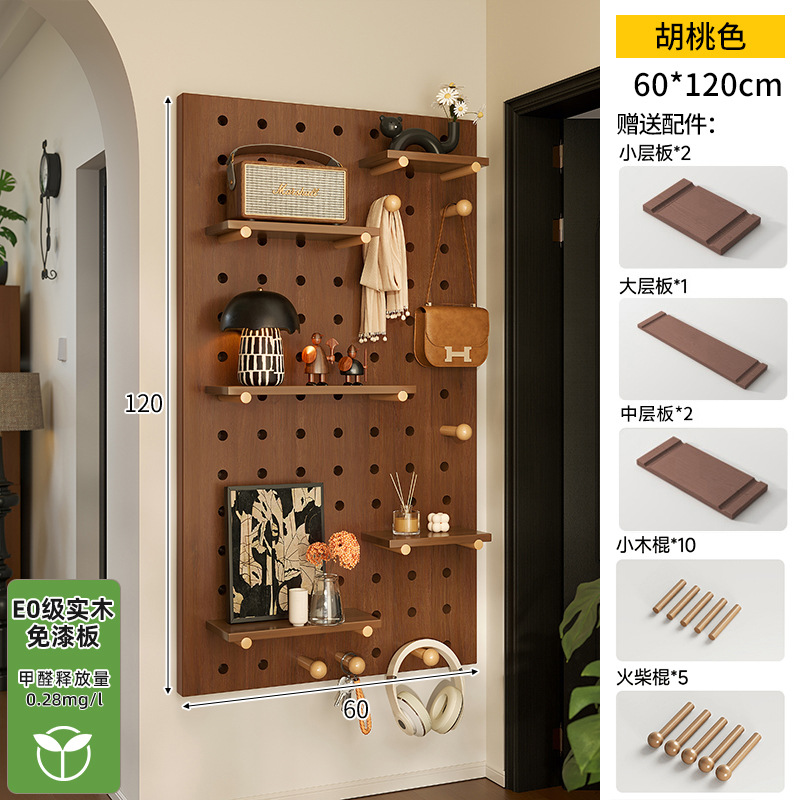 Hoyo de madera de color nuez hoyo tablero estante de madera sólida pared de modelado puerta de entrada de la casa pared detrás de la decoración estante de exhibición