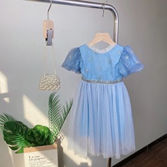 夏季兒童冰雪奇緣愛莎連衣裙女童公主裙泡泡袖網紗雪花禮服長裙