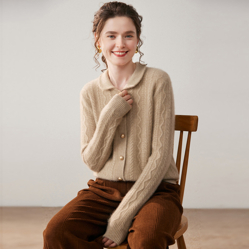 Polo Collar Cashmere Cardigan for Women 100% Pure Cashmere Thickeneded Doll Collar Retro Twist Knitwear Jacket Knitwear Polo Collar Cashmere Cardigan for Women 100% Pure Cashmere Thickeneded Doll Collar Retro Twist Knitwear Jacket Knitwear