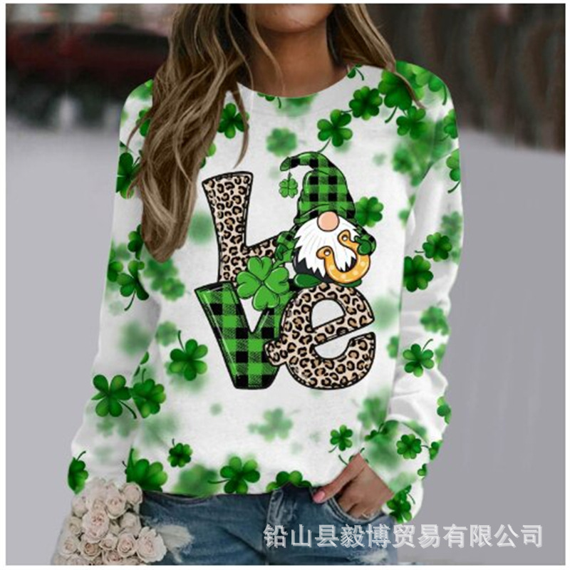 24 Europe and the United States cross-border new St. Patrick's Irish Festival clover 3D digital printing women's round neck sweater