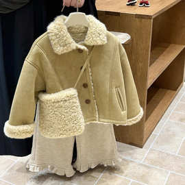 韩系女童复古羊羔毛带包毛毛外套2025冬季新款麂皮绒皮毛一体时尚