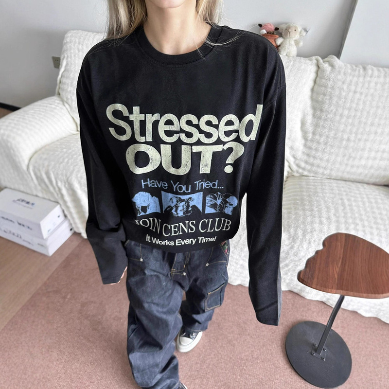 Plus Size Vintage American Retro Old Letters Autum New Loose Cotton Fat mm Long-Sleeved T-Shirt Women's Tops Plus Size Vintage American Retro Old Letters Autum New Loose Cotton Fat mm Long-Sleeved T-Shirt Women's Tops