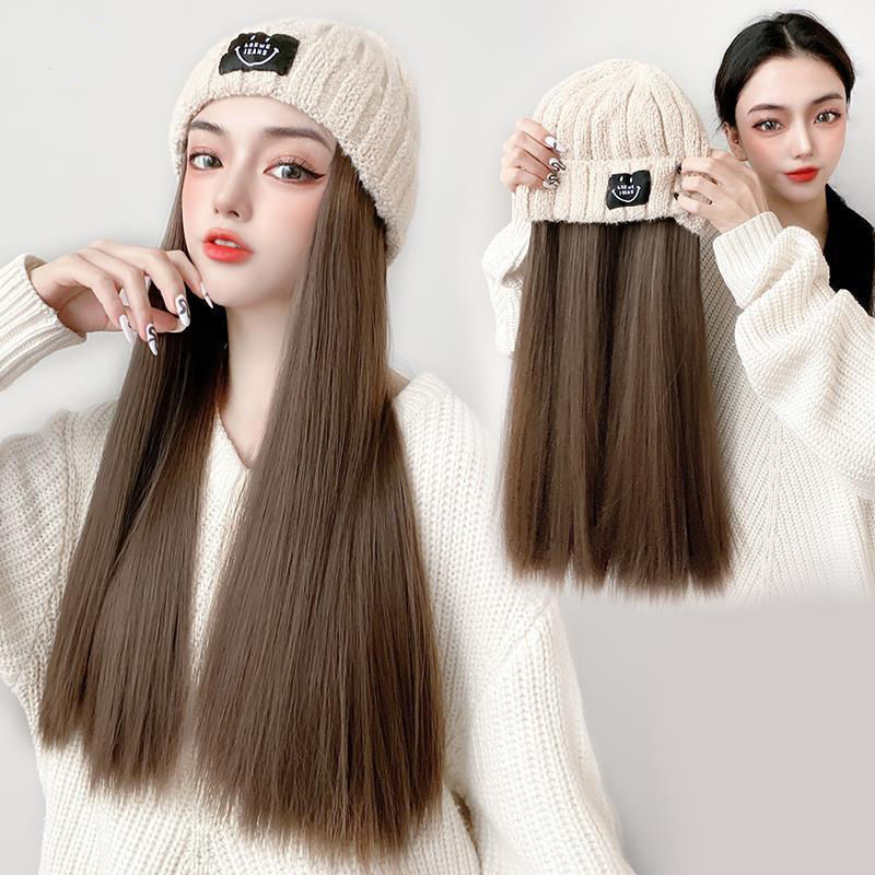 Peluca de las mujeres Peluca de pelo largo sombrero integrado Red de moda rojo Otoño e Invierno sombrero de punto largo cabello recto natural cubierta de la cabeza completa