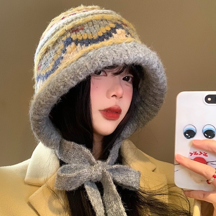 费尔岛风百搭大头围保暖帽冬季时尚复古毛线帽户外休闲防寒帽子女|undefined